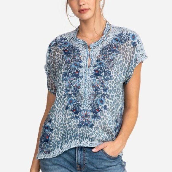 Johnny Was Tops - Johnny Was Biya Bluewell Chiffon Silk Embroidered Blouse BWomens Size M Boho Art
